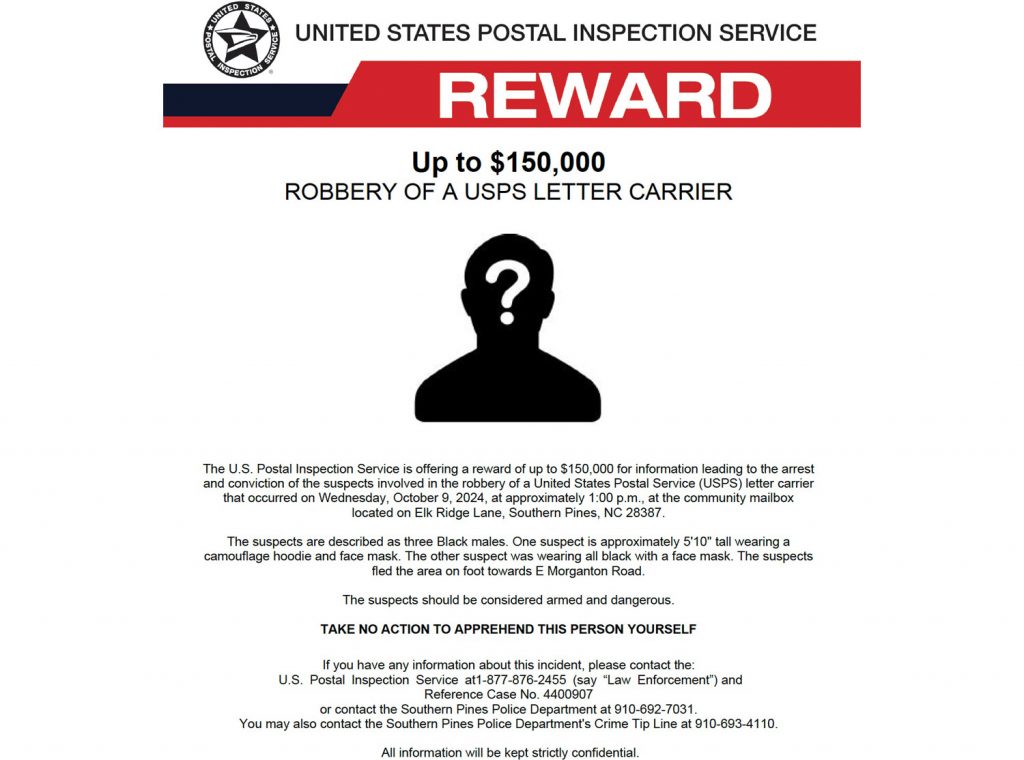 USPS offering reward in armed robbery of mail carrier in SP - Sandhills ...