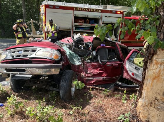 Driver trapped after striking tree in Cameron