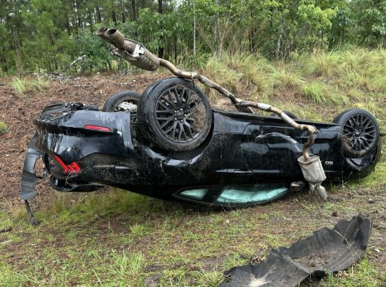 Driver uninjured after Mustang flips during Southern Pines storm