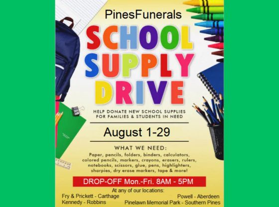 PinesFunerals school supply drive - Aug. 1 - 29