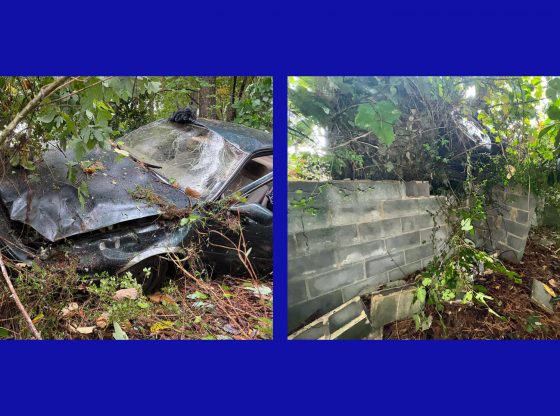 Car veers off road, crashes on top of retaining wall