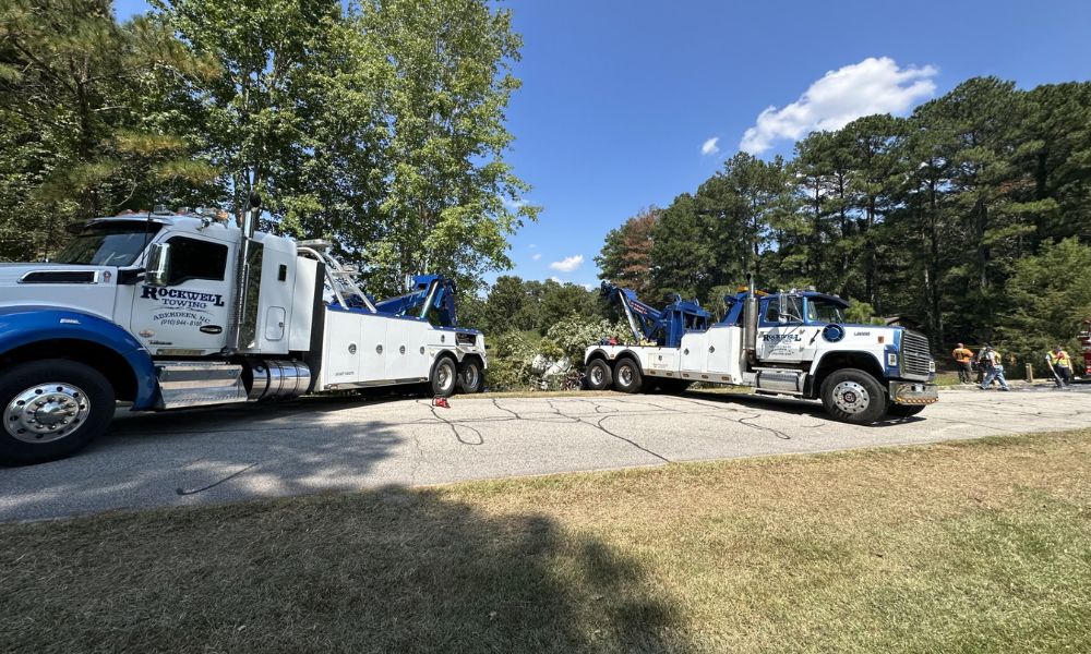 Concrete truck overturns into Woodlake pond