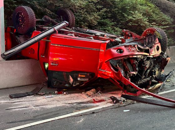 Truck flies off overpass in dramatic Midland Road crash